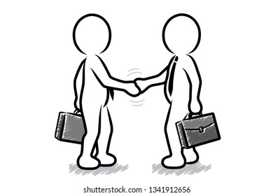 Two businessmen shaking hands / Black and white / Contour vector drawing