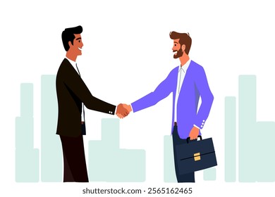 Two businessmen shaking hands, with a building in the background, symbolizes deals, collaboration, partnership, applying for a job. 