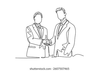 two businessmen shaking hands. business agreement. Agreement business concept. Single line draw design. Vector graphic illustration