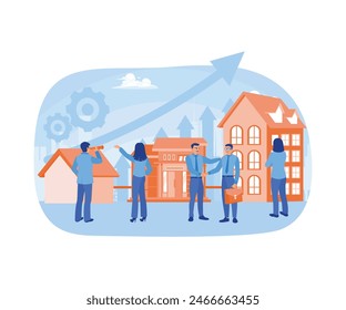 Two businessmen are shaking hands. Businessman analyzes developments in real estate market prices. Real estate business concept. Flat vector illustration.