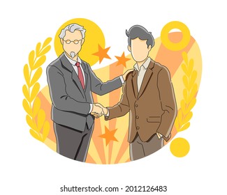 two businessmen shaking hands congratulating on job promotion