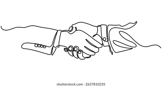  two businessmen shaking hands. Continuous one line drawing illustration vector, One line drawing of a handshake drawn with single line, Business agreement vector concept, Handshaking of businessmen. 