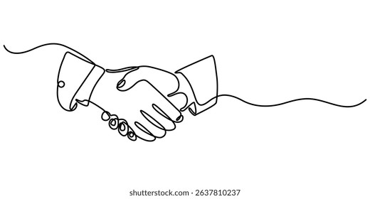  two businessmen shaking hands. Continuous one line drawing illustration vector, One line drawing of a handshake drawn with single line, Business agreement vector concept, Handshaking of businessmen. 