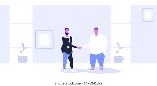 two businessmen shaking hands during meeting fat and thin colleagues partners hand shake agreement deal successful team concept full length sketch horizontal