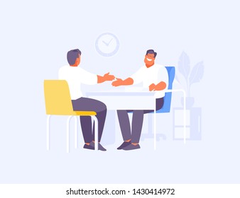 Two businessmen shaking hands with each other. Partnership, signing a contract. Vector illustration