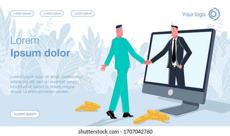 Two businessmen shaking hands to each other, a man in a black suit comes out of the monitor. Business vector concept illustration.