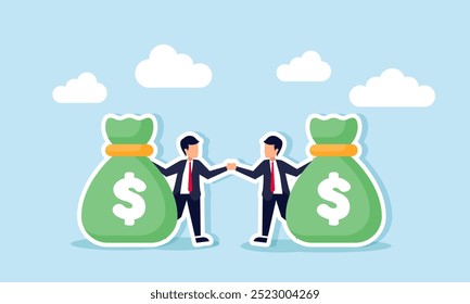 Two businessmen shaking hands, each carrying a money bag, an illustration of a mutual agreement to become investors in an attractive business