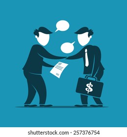 Two businessmen shaking hands and exchanging money and contract