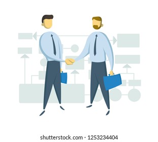 Two businessmen shaking hands in front of schematic business chart. Colorul flat vector illustration. Isolated on white background.