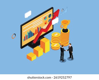 two businessmen shaking hands in front of a computer screen displaying an upward trending graph and a trophy 3d isometric vector