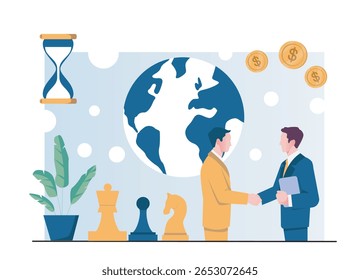 Two businessmen shaking hands in front of a globe, surrounded by money symbols, plants, chess pieces, and hourglass on a light blue background. Concept of global strategy. Vector illustration