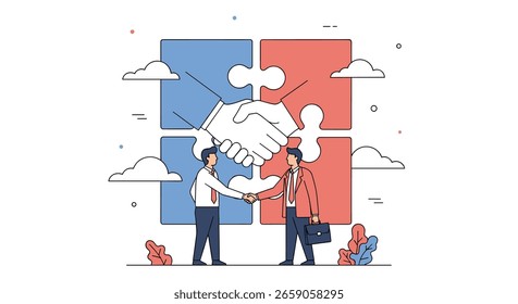Two businessmen shaking hands in front of a puzzle with a symbol of cooperation and partnership in the center