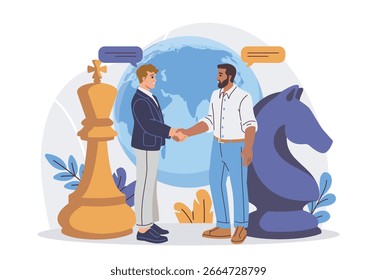 Two businessmen shaking hands in front of a globe, with large chess pieces symbolizing strategy and partnership, on a white background. Concept of global cooperation. Vector illustration