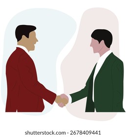 Dos hombres de negocios dándose la mano frente a la flecha verde ascendente. Exitoso concepto de Acuerdo, dos hombres dándose la mano