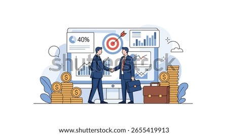 Two businessmen shaking hands in front of a financial performance data analysis presentation showing growth and targets achieved