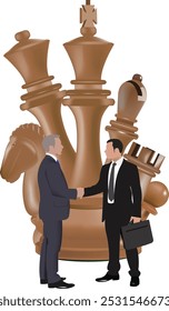Two businessmen shaking hands with giant chess pieces in the background, concept for business strategy