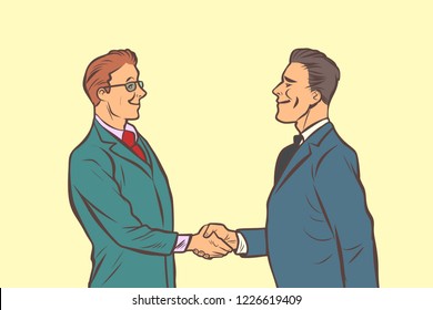 two businessmen shaking hands. handshake. Comic cartoon pop art retro vector illustration drawing
