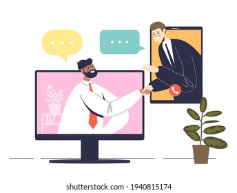 Dos hombres de negocios se dan la mano desde una laptop y un smartphone durante una reunión de videoconferencia en línea. Trabajar a distancia y negociaciones web llama al concepto. Dibujo vectorial plano de dibujos animados