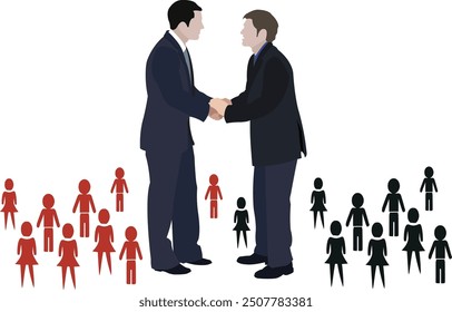Two businessmen shaking hands leading two teams