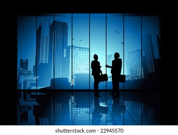 Two businessmen shaking hands looking over the city. Vector illustration.