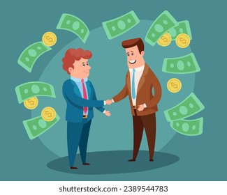 Zwei Geschäftsleute schütteln sich die Hand und machen eine Vereinbarung zur Vektorgrafik. Geld auf dem Hintergrund. Partnerschaft, Geschäftskonzept