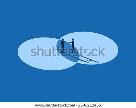 two Businessmen shaking hands making deals on intersect circle space