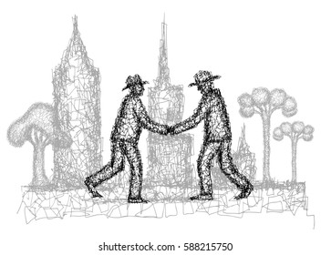 Two businessmen shaking hands at the meeting. Doodle abstract illustration  