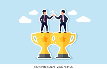 Two businessmen shaking hands on top of two trophies, illustration of partnership agreement between partners to become the top business