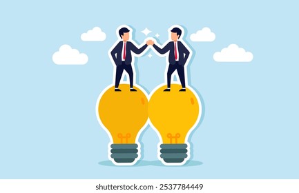 Two businessmen shaking hands on top of two light bulbs, illustration of partnership agreement in implementing shared ideas and innovations for business growth