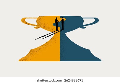 Two businessmen shaking hands on connected trophy puzzle, business collaboration to share success concept, minimal business design.
