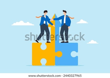 Two businessmen shaking hands on connected growth arrow puzzle pieces, illustrating joint venture or business partnership. Concept of share resources and work together to common goal through mergers