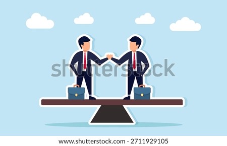 Two businessmen shaking hands on a seesaw illustrating mutually beneficial cooperation or a win win business solution