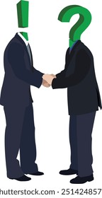 Dois empresários apertando a mão, um com um ponto de interrogação e o outro com um ponto de exclamação na cabeça, simbolizando um acordo ou acordo