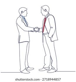 Dois empresários apertando as mãos um desenho de linha. Dois empresários apertando as mãos ilustração de linha única. Dois homens de negócios apertando as mãos arte de linha minimalista. 