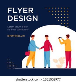 Two businessmen shaking hands and other man taking photo. Partners, agreement. Flat vector illustration. Business concept can be used for presentations, banner, website design, landing web page