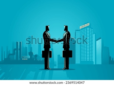 Two businessmen shaking hands, set against the backdrop of factory and enterprise buildings, symbolizes a business-to-business deal, collaboration, partnership, corporate materials, and growth