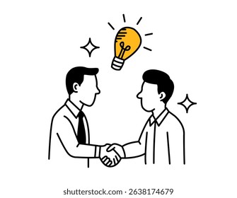 Two businessmen shaking hands. Sharing innovative ideas. Business collaboration and partnership concept. Creative thinking and teamwork. Symbol of agreement and success.