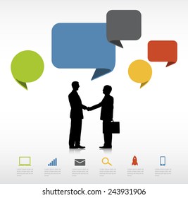 Two Businessmen Shaking Hands and Speech Bubbles
