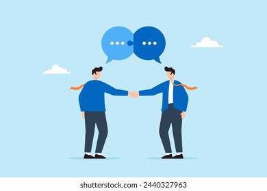 Two businessmen shaking hands with speech bubble jigsaw connected, illustrating successful communication, discussions. Concept of interviews leading to business agreements, or partnership deals