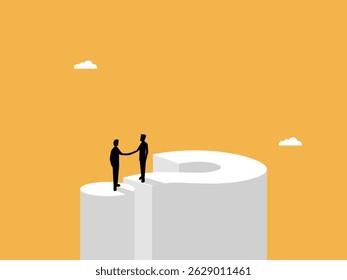 Two businessmen shaking hands standing on a question mark