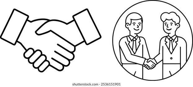Two businessmen shaking hands, symbolizing a business agreement or deal. Simple line art style.