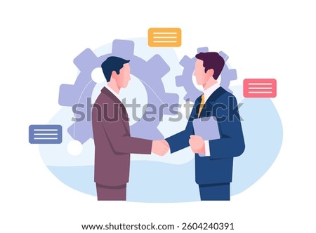 Two businessmen shaking hands, symbolizing agreement or partnership, in flat graphic style with gears and speech bubbles in background. Vector illustration