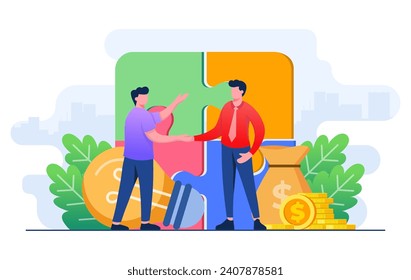 Dos hombres de negocios se dan la mano, Trabajo en equipo, Inicio, Solución de problemas, Nueva idea, Modelo vectorial de ilustración plana de la asociación empresarial, Acuerdo, Asociación de organizaciones, Acuerdo de socios