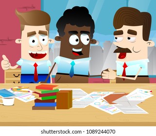 Two Businessmen shaking hands and a third showing ok sign in an office. Vector illustration of cartoon business concept.