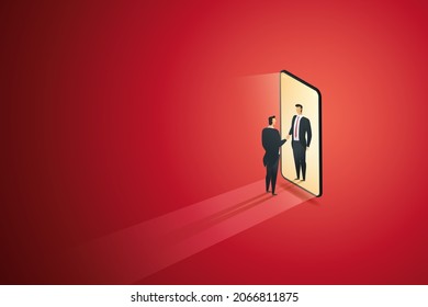 Two businessmen shaking hands through a smartphone screen Making business deals through online channels. isometric vector illustration.
