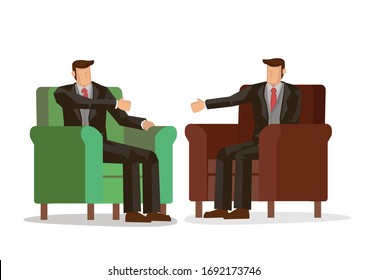 Dos hombres de negocios se dan la mano mientras se sientan en el sofá de la oficina. Concepto de cooperación. Ilustración vectorial.
