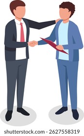 Two businessmen shaking hands while finalizing a business deal, one holding a folder, representing a successful partnership and cooperation in a professional setting