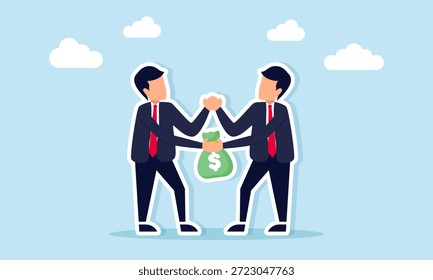 Dos hombres de negocios dándose la mano mientras intercambian bolsas de dinero ilustrando prácticas fraudulentas y corrupción en los negocios