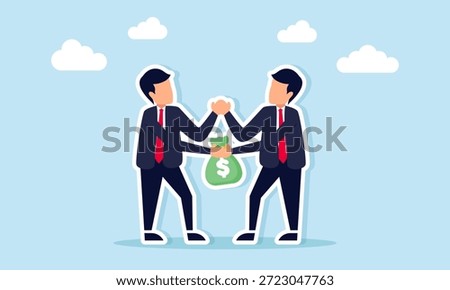 Two businessmen shaking hands while exchanging money bag illustrating fraudulent practices and corruption in business dealings