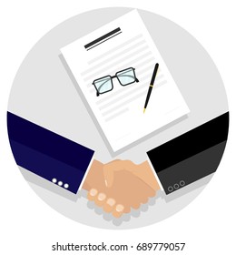 Two businessmen shook hands after signing the contract. Flat design, vector illustration, vector.